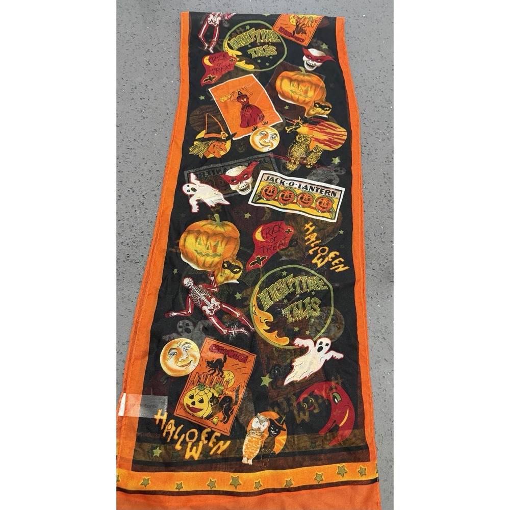 Liz Claiborne Black Orange Scarf Whimsical Ghosts Moon Skeleton Witch Cats